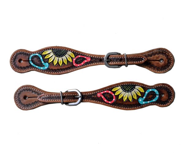 Showman Ladies Hand painted sunflower and paisley design spur straps